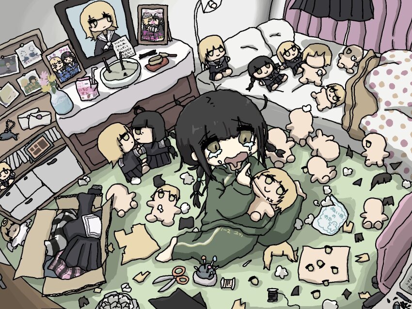 2girls bed bedroom black_hair blonde_hair braid brown_eyes character_doll crying crying_with_eyes_open doll fuchina_(fucinami) fumo_(doll) green_eyes highres iei implied_death incense long_hair low_twintails memorial_on_desk messy_hair multiple_girls needle original photo_(object) portrait_(object) scissors sewing sewing_needle short_hair spool stuffed_toy tears twin_braids twintails yuri