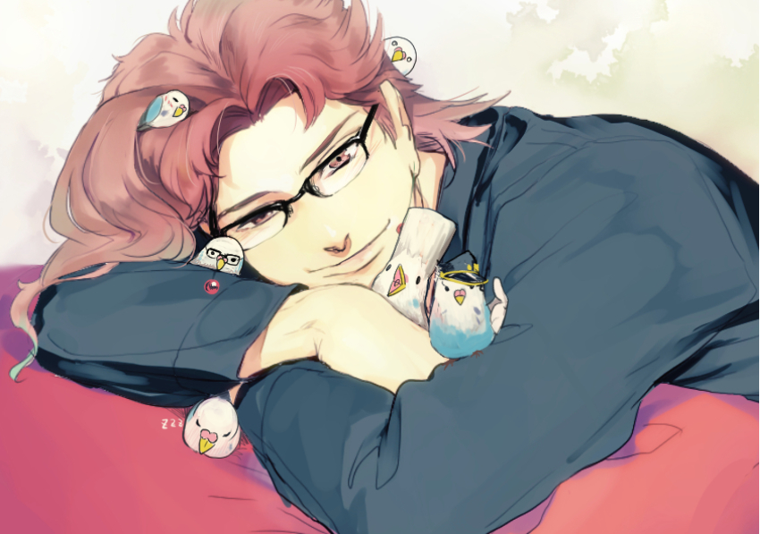 1boy absurdres bad_id bad_pixiv_id bespectacled bird black-framed_eyewear brown_eyes budgerigar_(bird) glasses highres jean_pierre_polnareff jojo_no_kimyou_na_bouken kakyoin_noriaki kuujou_joutarou male_focus parakeet red_eyes red_hair sekisei semi-rimless_eyewear smile solo