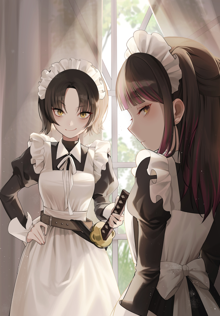 2girls absurdres apron arms_at_sides backlighting belt black_dress black_hair bloom blunt_bangs blush bow brown_hair closed_mouth cowboy_shot curtains day ddungddang dress from_behind hand_on_own_hip hand_on_weapon highres indoors katana light_particles light_rays long_hair long_sleeves looking_at_viewer looking_back maid maid_apron maid_headdress multicolored_hair multiple_girls neck_ribbon original parted_bangs pink_hair profile puffy_long_sleeves puffy_sleeves ribbon sheath sheathed short_hair smile standing streaked_hair sunbeam sunlight sword upper_body weapon white_apron white_bow white_headdress white_ribbon window yellow_eyes