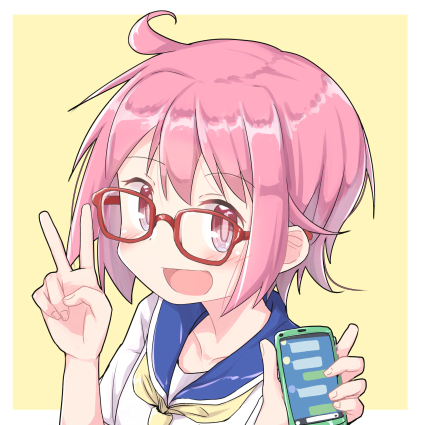 1girl bespectacled blush border cellphone commentary_request glasses highres holding holding_phone looking_at_viewer nonohara_yuzuko open_mouth phone pink_eyes pink_hair portrait red-framed_eyewear school_uniform serafuku short_hair short_sleeves smartphone smile solo v yellow_background yuukin yuyushiki