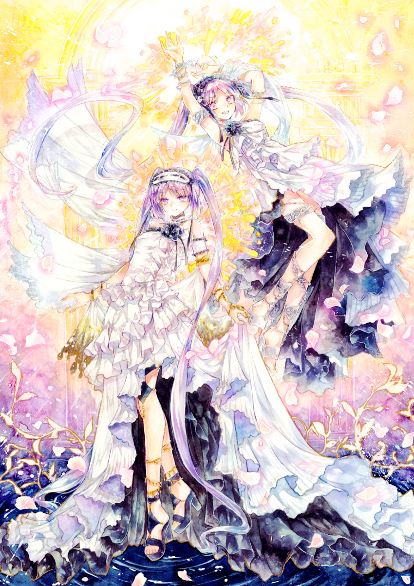 2girls armlet black_footwear choker closed_mouth dress euryale_(fate) fate/grand_order fate/hollow_ataraxia fate_(series) fei_(otoya) floating frills full_body hairband highres jewelry long_hair looking_at_viewer multiple_girls open_mouth petals purple_eyes purple_hair sandals sash siblings sisters smile stheno_(fate) thighlet twins twintails white_dress white_footwear