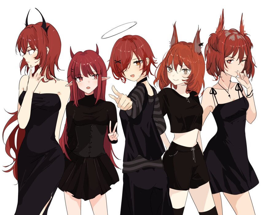 5girls alternate_costume arknights black_corset black_dress black_shirt black_shorts black_thighhighs blue_eyes breasts choker commentary corset cowboy_shot crop_top demon_girl demon_horns dress english_commentary exusiai_(arknights) fiammetta_(arknights) flametail_(arknights) green_eyes grey_eyes gupipy hair_ornament hair_over_one_eye hairclip halo head_wings highres horns long_hair long_sleeves looking_at_viewer looking_to_the_side medium_breasts medium_hair multiple_girls one_eye_closed open_mouth pants pleated_skirt pointing pointing_at_viewer pointy_ears profile red_eyes red_hair shirt short_hair shorts side_slit sidelocks skirt small_breasts smile spaghetti_strap strapless strapless_dress striped_clothes striped_shirt surtr_(arknights) sweatpants swept_bangs thighhighs tube_dress two_side_up v vigna_(arknights) white_background wings