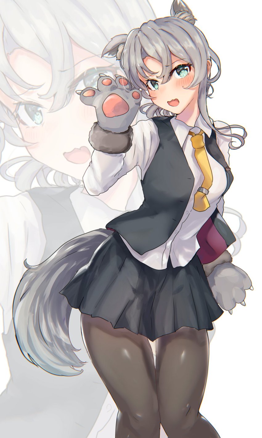 1girl alternate_sleeve_length animal_ears animal_hands asymmetrical_hair bad_id bad_twitter_id black_pantyhose black_skirt black_vest commentary_request dress_shirt flipped_hair gloves grey_eyes highres kantai_collection knees_together_feet_apart legs_together long_sleeves miyako_(rgrayt) necktie nowaki_(halloween_mode)_(kancolle) nowaki_(kancolle) pantyhose paw_gloves pleated_skirt school_uniform shirt silver_hair simple_background skirt solo standing swept_bangs tail vest white_background white_shirt wolf_ears wolf_tail yellow_necktie zoom_layer