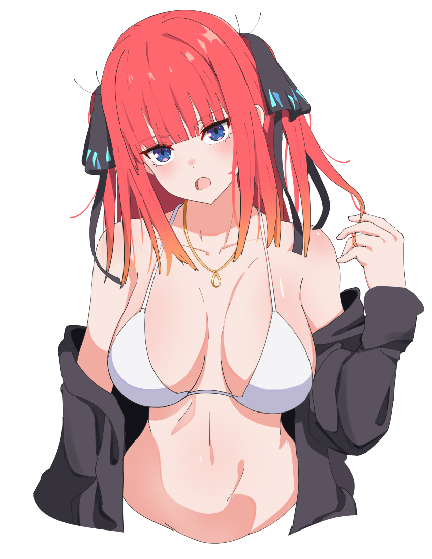 1girl absurdres bare_shoulders bikini black_jacket black_ribbon blush breasts butterfly_hair_ornament collarbone commentary cropped_torso go-toubun_no_hanayome gradient_hair hair_ornament hair_ribbon hand_up head_tilt highres ichigixgo jacket jewelry large_breasts long_sleeves looking_at_viewer medium_hair multicolored_hair nakano_nino necklace open_clothes open_jacket open_mouth pink_hair purple_eyes ribbon simple_background sleeves_past_wrists solo stomach swimsuit twirling_hair two-tone_hair two_side_up white_background white_bikini