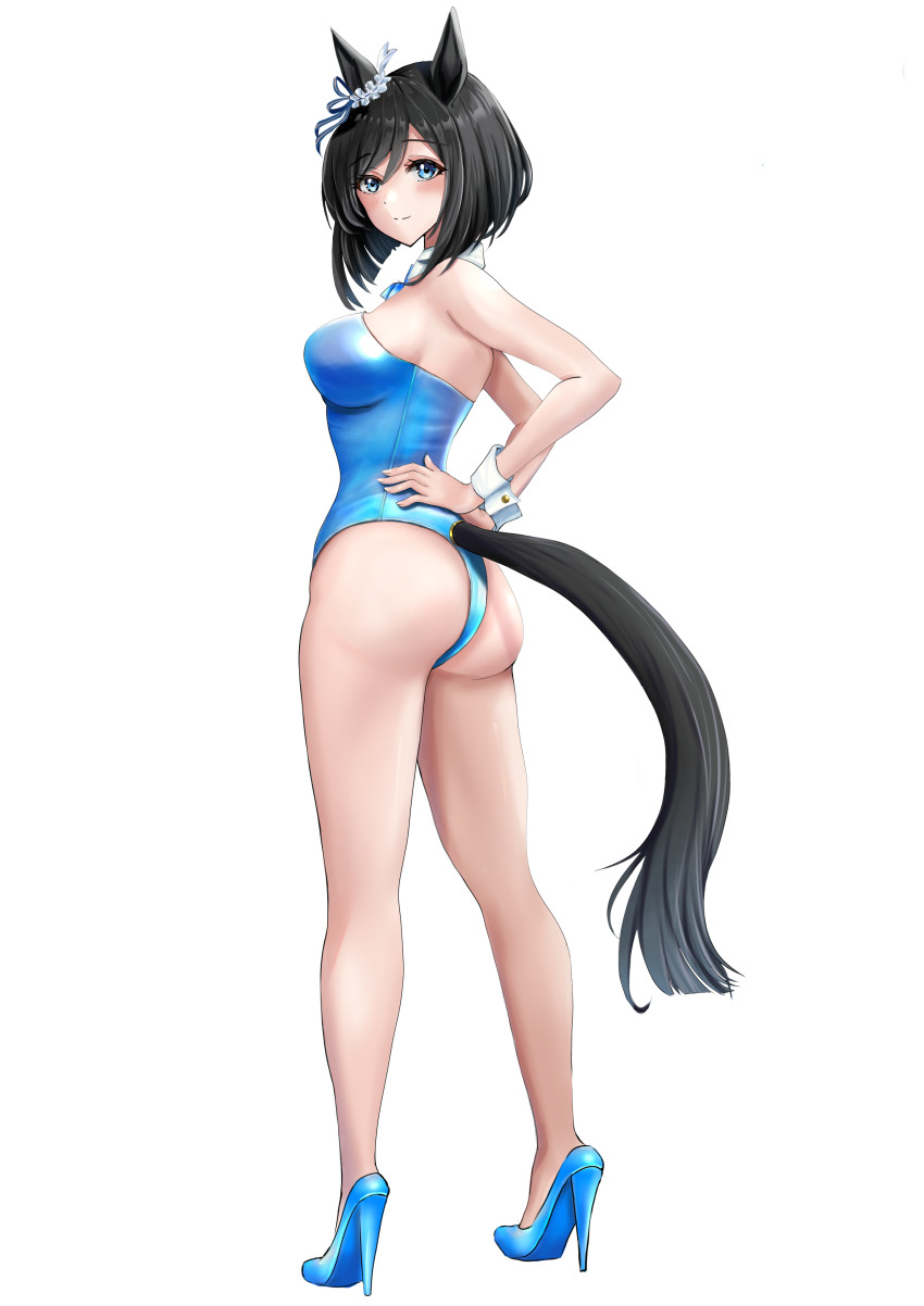 1girl absurdres alternate_costume animal_ears ass bare_shoulders black_hair blue_eyes blue_footwear blue_leotard blush breasts closed_mouth clothing_cutout commentary_request ear_ornament eishin_flash_(umamusume) from_behind full_body hands_on_own_hips high_heels highres horse_ears horse_girl horse_tail leotard looking_at_viewer looking_back medium_breasts nontraditional_playboy_bunny short_hair simple_background smile solo strapless strapless_leotard tail tail_through_clothes thighs tsukiyuki_mike umamusume white_background wrist_cuffs