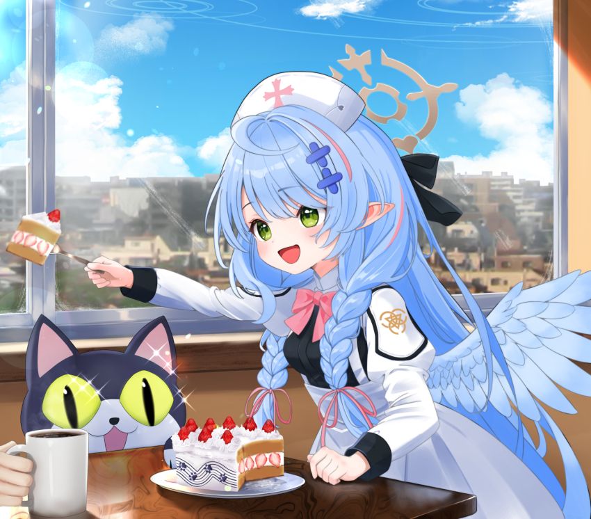 1girl 1other aged_down blue_archive blue_hair blue_wings blush braid cake coffee cup dress feathered_wings food fork green_eyes halo hat highres holding holding_fork indoors juliet_sleeves long_hair long_sleeves mine_(blue_archive) mutsuse nurse_cap open_mouth pointy_ears puffy_sleeves smile solo_focus stuffed_animal stuffed_cat stuffed_toy twin_braids white_dress white_hat window wings yellow_halo