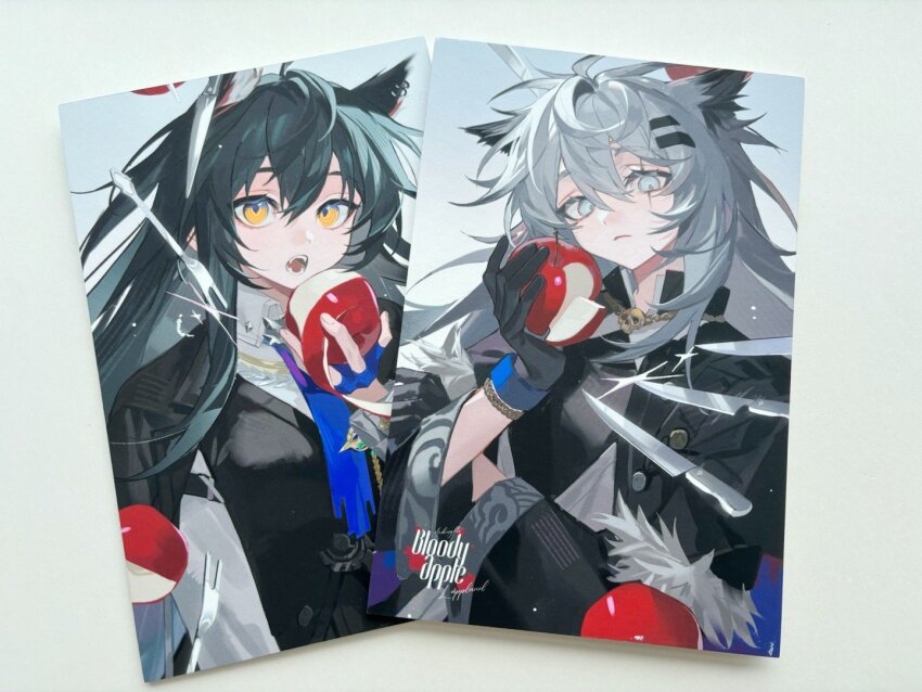 2girls animal_ears apple arknights black_gloves black_jacket blood character_name chinese_commentary closed_mouth commentary_request copyright_name food fruit gloves grey_eyes grey_hair hair_between_eyes holding holding_food holding_fruit jacket jewelry knife lappland_(arknights) lappland_(refined_horrormare)_(arknights) long_hair long_sleeves looking_at_viewer merchandise_available multiple_girls necklace official_alternate_costume open_mouth photo_(medium) pinenut_sn apple scar scar_across_eye skull_necklace texas_(arknights) texas_the_omertosa_(arknights) traditional_media wolf_ears wolf_girl yellow_eyes