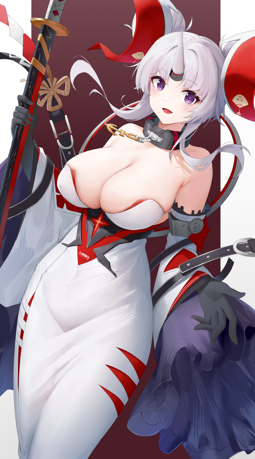 1girl absurdres anchor_choker azur_lane bare_shoulders belt black_belt black_gloves blush breasts cleavage covered_navel detached_sleeves double_bun dress elbow_gloves gloves grey_hair hair_bun hair_ornament highres holding holding_sword holding_weapon horns huge_hair_bun kafeifeifeifeifeifei_jiemo_jun large_breasts long_hair looking_at_viewer off-shoulder_dress off_shoulder open_mouth purple_eyes single_horn smile solo strapless_kimono sword watarase_(azur_lane) weapon white_horns wide_sleeves