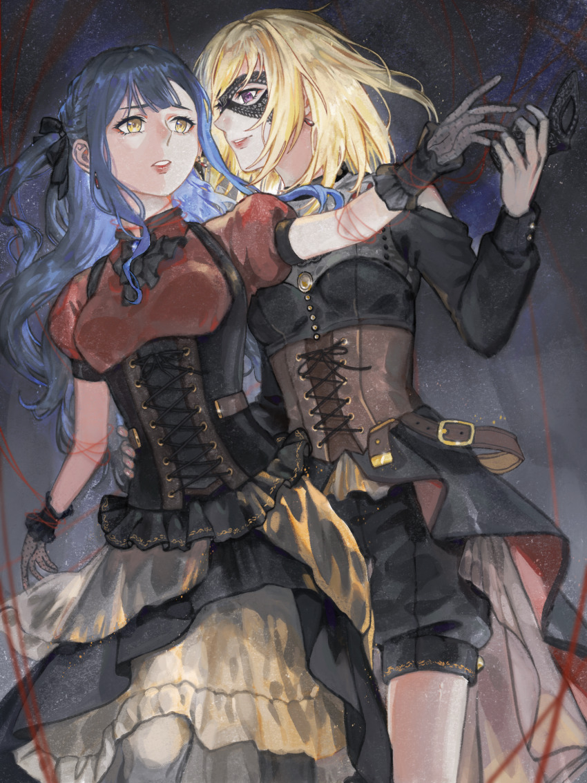 2girls bang_dream! bang_dream!_it&#039;s_mygo!!!!! belt black_corset black_dress black_gloves black_ribbon black_shorts black_skirt blonde_hair braid breasts brown_belt brown_corset clothing_cutout corset doloris_(bang_dream!) dress gloves green_hair hair_ribbon hand_on_another&#039;s_waist highres holding holding_mask layered_skirt linden_bd long_hair long_sleeves mask medium_breasts medium_hair misumi_uika multiple_girls oblivionis_(bang_dream!) open_mouth party puffy_short_sleeves puffy_sleeves purple_eyes red_shirt ribbon shirt short_sleeves shorts shoulder_cutout sidelocks skirt skort string string_of_fate togawa_sakiko unworn_mask yellow_eyes yuri