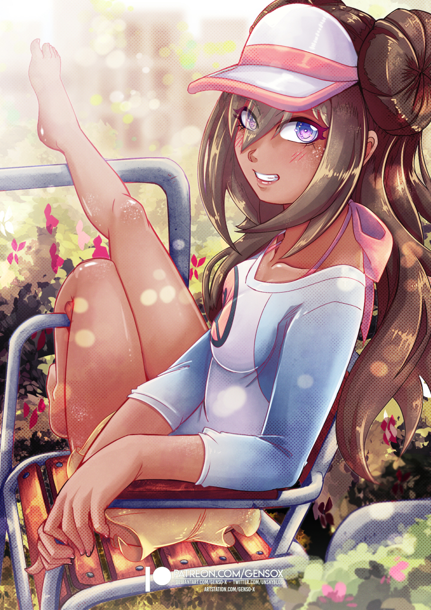 1girl absurdres artist_name artstation_username ass breasts brown_hair chair creatures_(company) dark-skinned_female dark_skin deviantart_username double_bun doughnut_hair_bun eyes_visible_through_hair female_focus game_freak gensox hair_bun hat highres long_hair long_sleeves looking_at_viewer nintendo outdoors patreon_username pokemon pokemon_bw2 purple_eyes rosa_(pokemon) shirt shoes solo tan twintails twitter_username watermark web_address