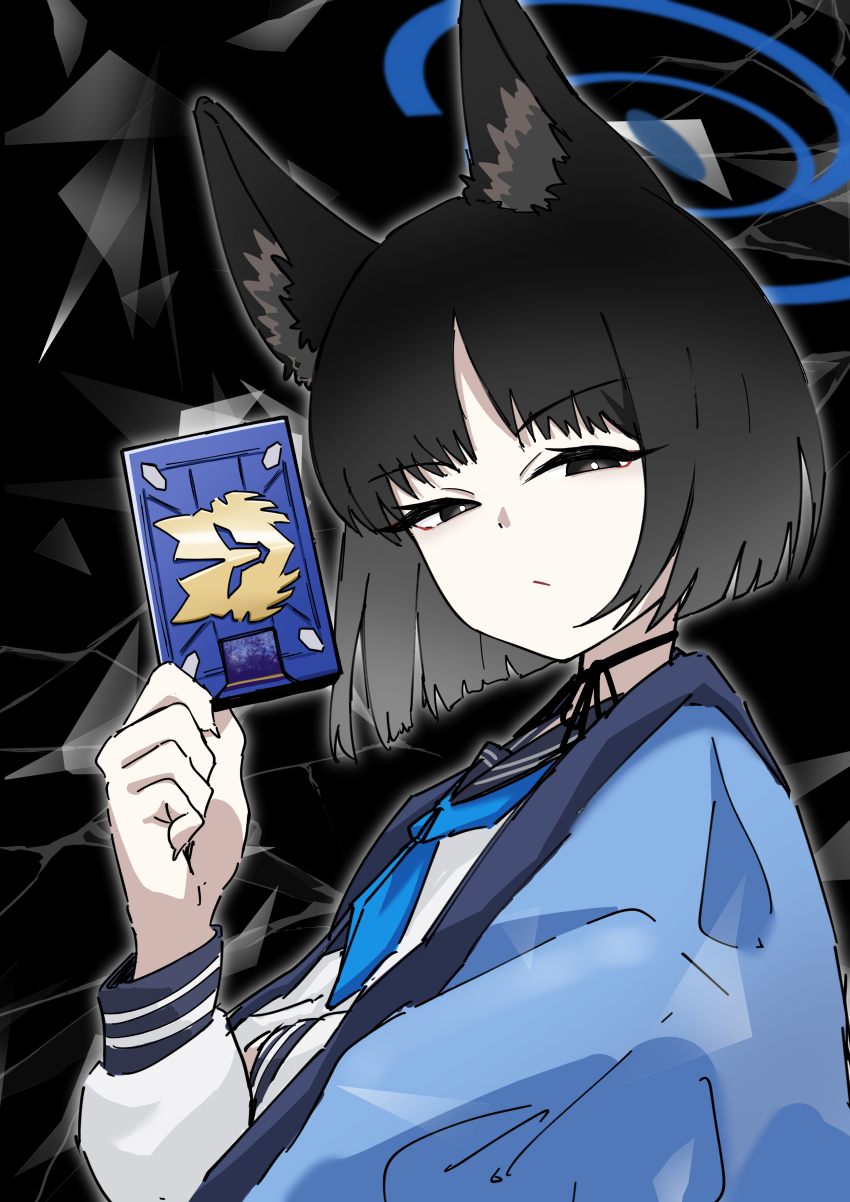 1girl absurdres advent_deck animal_ear_fluff animal_ears black_background black_choker black_eyes black_hair blue_archive blue_haori blue_neckerchief bow bow_choker cat_ears cat_girl check_commentary choker commentary commentary_request halo haori highres holding japanese_clothes kamen_rider kamen_rider_ryuki_(series) kikyou_(blue_archive) long_sleeves looking_at_viewer neckerchief parted_bangs school_uniform serafuku short_hair sidelocks simple_background solo upper_body white_serafuku wide_sleeves zumikusu