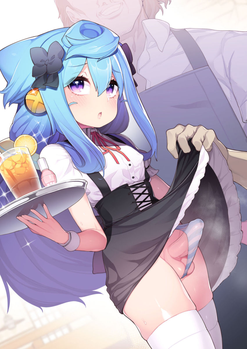 2boys artist_request black_ribbon blue_hair bulge clothes_lift crossdressing dress dress_lift drink erection erection_under_clothes hacka_doll hacka_doll_3 hair_ribbon highres long_hair maid male_focus multiple_boys nyakkuru panties penis purple_eyes ribbon small_penis solo striped_clothes striped_panties testicles thighhighs trap underwear