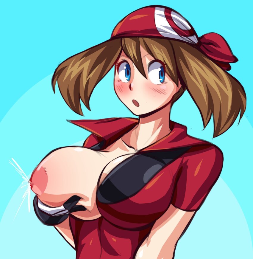 bandana blue_eyes breasts brown_hair creatures_(company) game_freak gloves holding_own_breast large_breasts may_(pokemon) nintendo nipples nonochton open_mouth pokemon pokemon_rse short_hair