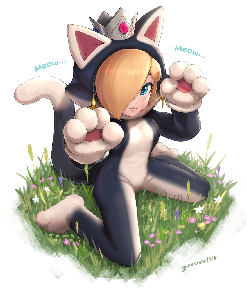 1girl animal_costume animal_ears blonde_hair blue_eyes breasts cat_costume cat_ears cat_rosalina crown earrings english_text from_above full_body gonzarez grass hair_over_one_eye highres jewelry kneeling mario_(series) medium_breasts nintendo paw_pose rosalina signature solo sound_effects super_mario_3d_world