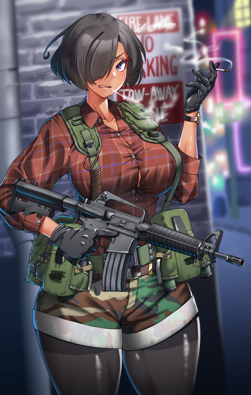 1girl absurdres assault_rifle black_gloves black_hair black_pantyhose blurry breasts building camouflage camouflage_shorts collarbone depth_of_field english_text explosive gloves grenade gun hair_over_one_eye hand_up highres hitch_(perotoss) large_breasts load_bearing_equipment long_sleeves looking_at_viewer m4_carbine medium_hair mole mole_under_mouth neon_lights open_mouth original outdoors pantyhose plaid_clothes plaid_shirt pouch purple_eyes red_shirt rifle shirt short_shorts shorts smoking solo trigger_discipline watch weapon