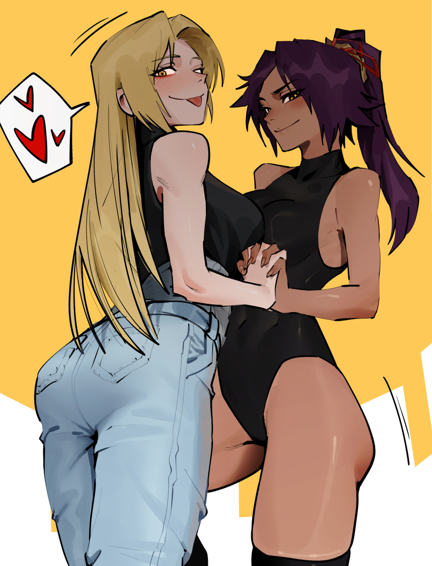 2girls bare_shoulders black_leotard black_thighhighs bleach blonde_hair breast_press breasts crossover dark-skinned_female dark_skin denim dingotoad hair_ornament highres holding_hands jeans jujutsu_kaisen large_breasts leotard long_hair multiple_girls pants parted_bangs ponytail purple_hair shihouin_yoruichi skindentation speech_bubble symmetrical_docking thighhighs thighs tongue tongue_out tsukumo_yuki_(jujutsu_kaisen) yellow_eyes