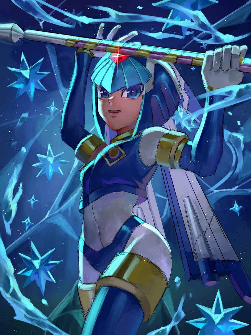 1girl armor blue_armor blue_background blue_eyes blue_helmet breasts cowboy_shot fairy_leviathan_(mega_man) forehead_jewel glint helmet highres holding holding_polearm holding_weapon ice looking_at_viewer maymango_2244 medium_breasts mega_man_(series) mega_man_zero_(series) polearm solo weapon