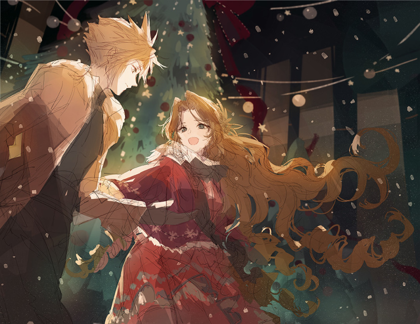 1boy 1girl aerith_gainsborough belt blonde_hair brown_hair christmas christmas_ornaments christmas_tree cloud_strife couple final_fantasy final_fantasy_vii final_fantasy_vii_remake gloves kieta long_hair open_mouth ringlets spiked_hair square_enix turtleneck wavy_hair winter_clothes