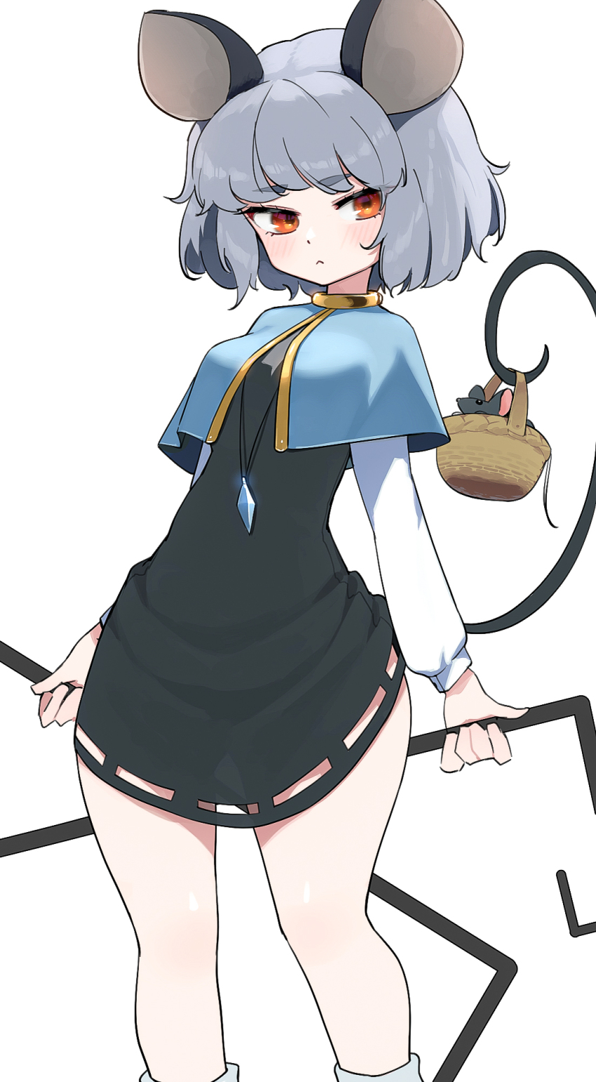 1girl animal_ears blush breasts capelet dress expressionless grey_hair highres jewelry kashu_(hizake) long_sleeves looking_at_viewer mouse_(animal) mouse_ears mouse_girl mouse_tail nazrin orange_eyes petite short_dress short_hair small_breasts solo tail thick_thighs thighs touhou wide_hips