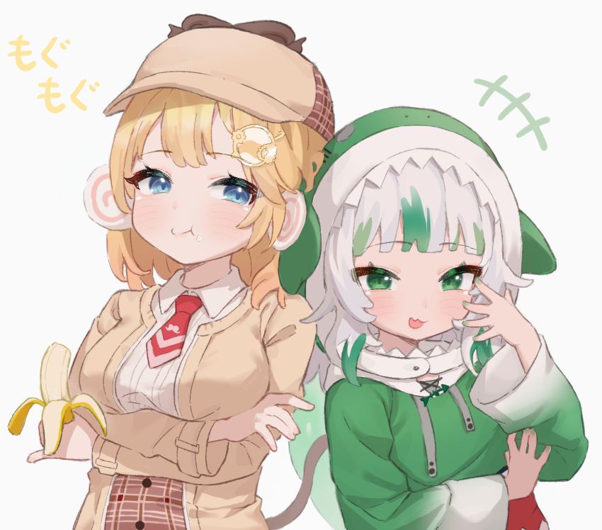 2girls blue_eyes closed_mouth collared_shirt fokkahim7 gawr_gura gawr_gura_(1st_costume) green_eyes green_hair green_hoodie grey_hair highres hololive hololive_english hood hoodie looking_at_viewer medium_hair multicolored_hair multiple_girls official_alternate_color open_mouth puffy_cheeks shirt smile streaked_hair virtual_youtuber watson_amelia watson_amelia_(1st_costume) white_shirt