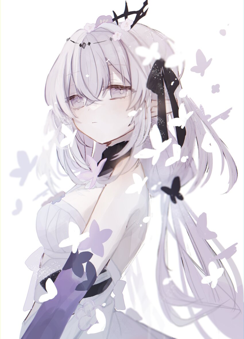 1girl absurdres bare_shoulders black_crown black_ribbon butterfly_hair_ornament castorice_(honkai:_star_rail) cowboy_shot crown elbow_gloves gloves hair_ornament hair_ribbon highres honkai:_star_rail honkai_(series) long_hair looking_at_viewer low_twintails mer_rr12 pointy_ears purple_eyes purple_hair ribbon solo twintails very_long_hair