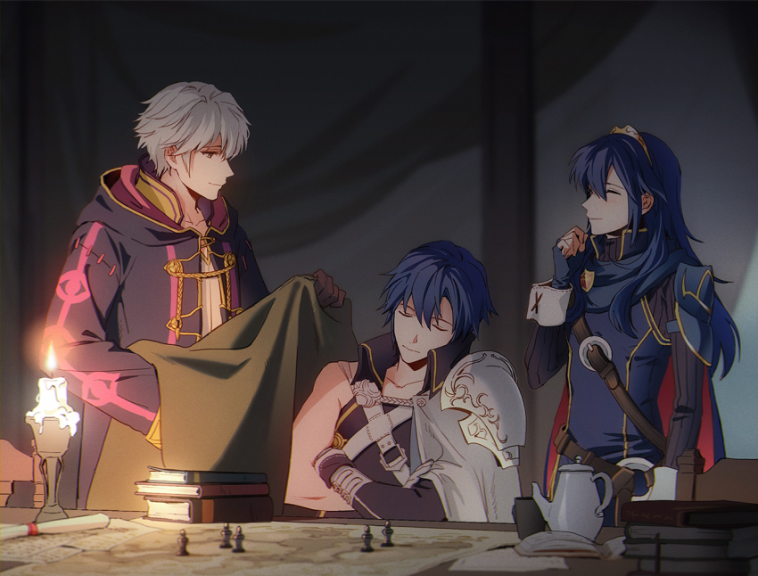 1girl 2boys armor black_coat blanket blue_cape blue_gloves blue_hair book brown_gloves candle candle_wax candlestand cape chrom_(fire_emblem) closed_mouth coat crossed_arms cup fingerless_gloves fire_emblem fire_emblem_awakening gloves hair_between_eyes holding holding_blanket long_hair long_sleeves looking_at_another lucina_(fire_emblem) multiple_boys nintendo red_cape robin_(fire_emblem) robin_(male)_(fire_emblem) short_hair shoulder_armor sleeping smile sophie_(693432) teapot tiara two-tone_cape upper_body white_cape white_hair