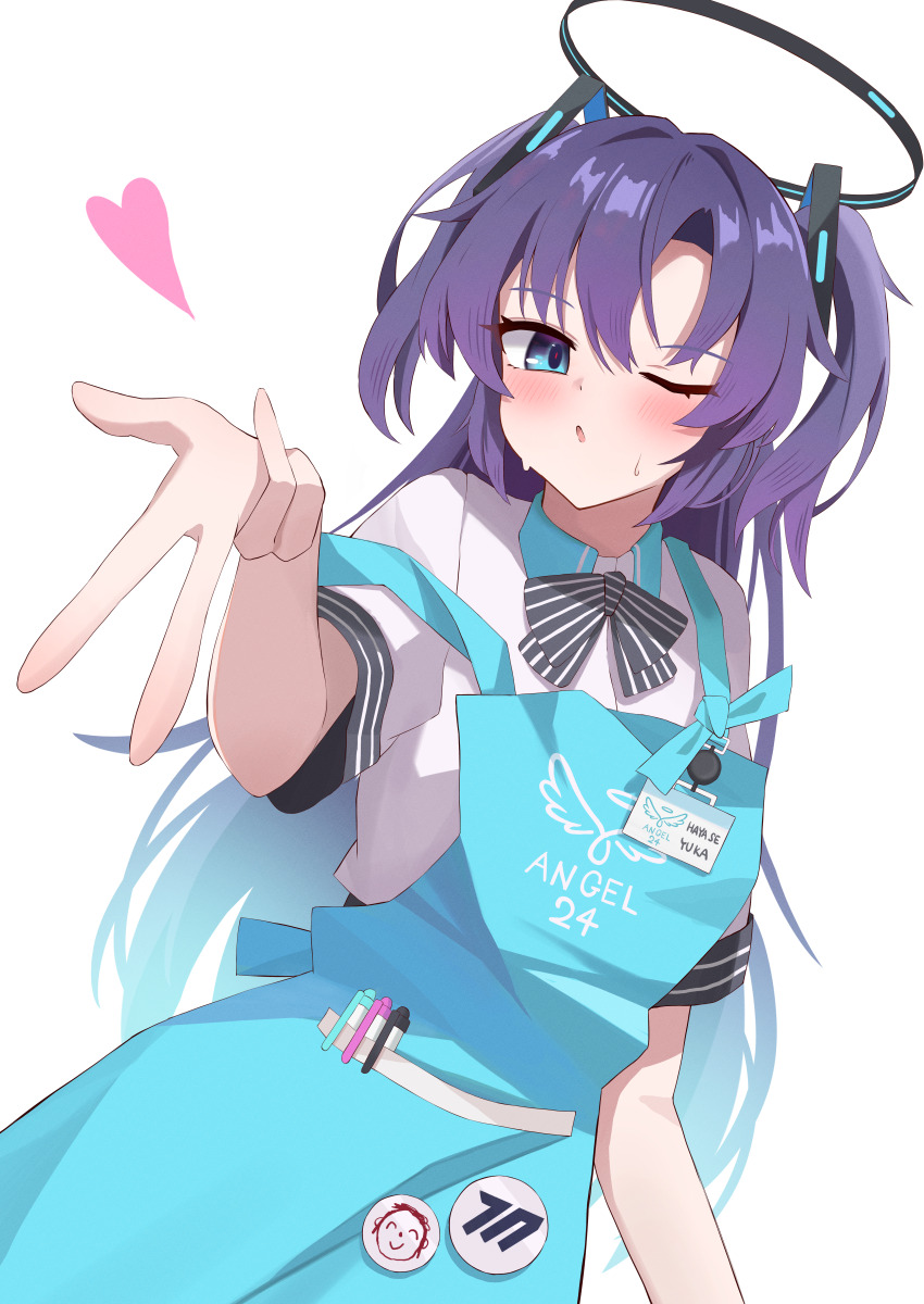 1girl absurdres aipa apron badge black_bow black_bowtie black_halo blowing_kiss blue_apron blue_archive blue_hair blush bow bowtie button_badge collared_shirt doodle_sensei_(blue_archive) gradient_hair hair_ornament halo hand_up heart highres id_card long_hair millennium_science_school_logo multicolored_hair parted_bangs pen purple_hair sensei_(blue_archive) shirt short_sleeves simple_background solo strap_slip striped_bow striped_bowtie striped_clothes sweat two_side_up white_background white_shirt yuuka_(blue_archive)