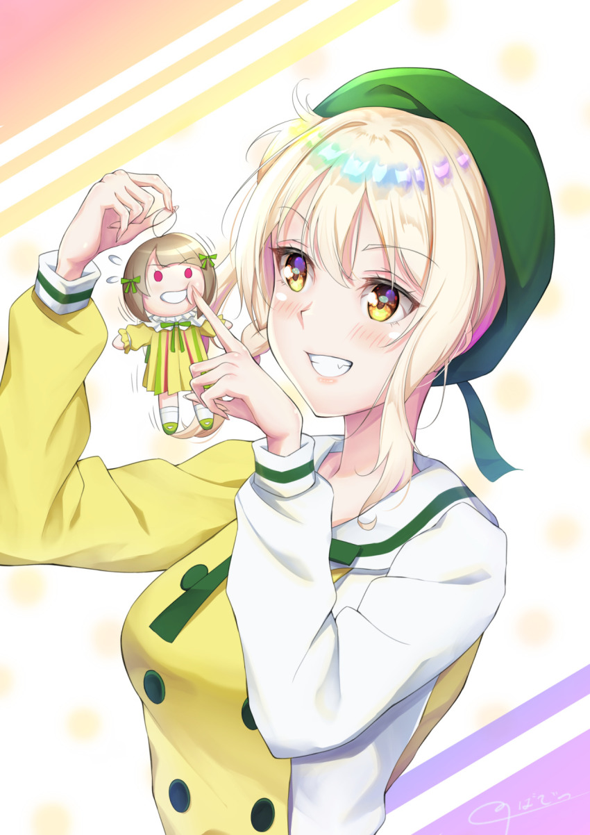 1girl artist_name artist_request beret blonde_hair blush bow bowtie braid breasts brown_eyes doll dress female_focus green_beret green_bow green_bowtie green_hat hair_between_eyes hat high_ponytail highres holding holding_doll long_hair long_sleeves looking_at_viewer love_live! love_live!_nijigasaki_high_school_idol_club love_live!_school_idol_festival medium_breasts mirai_harmony miyashita_ai nakasu_kasumi orange_eyes parted_lips ponytail sailor_collar sailor_dress sharp_teeth short_ponytail side_ponytail single_braid smile solo teeth two-tone_dress upper_body v-shaped_eyebrows white_sailor_collar wing_collar yellow_dress yellow_eyes