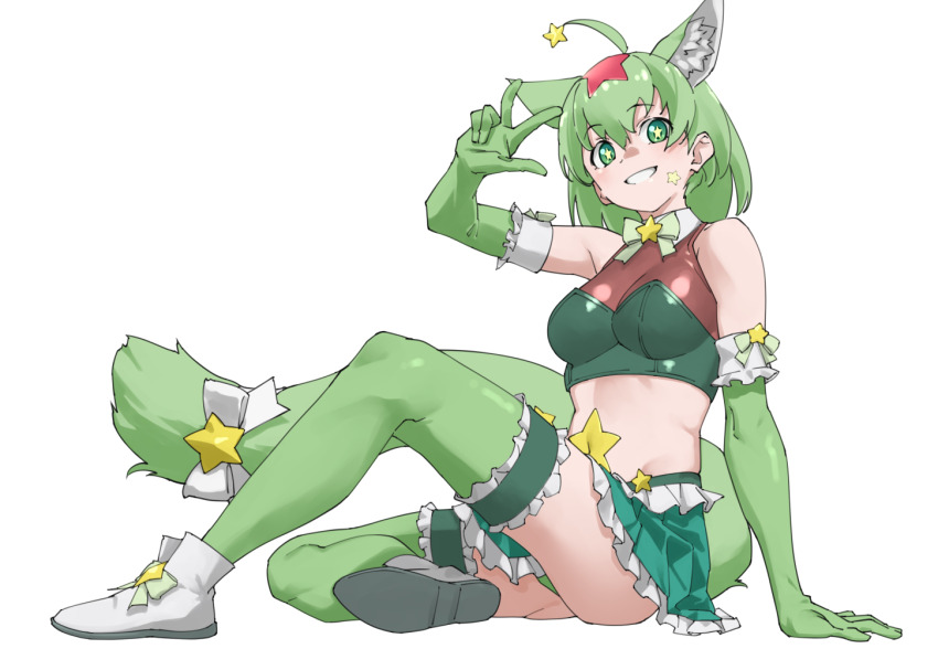 1girl ahoge animal_ear_fluff animal_ears bare_shoulders bodystocking breasts commentary covered_navel full_body gloves green_eyes green_gloves green_hair green_skirt green_thighhighs green_tube_top hoshitori_kerin keroro keroro_gunsou medium_breasts medium_hair miniskirt pleated_skirt simple_background skirt solo star_(symbol) strapless tail tanabe_(fueisei) thighhighs tube_top w white_background