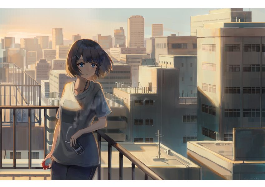 1girl black_hair blouse blue_eyes box bra_strap can cigarette cigarette_pack commentary grey_shirt holding holding_box holding_can holding_cigarette leaning_to_the_side looking_to_the_side nekoreito original rooftop scenery shirt short_hair smoking