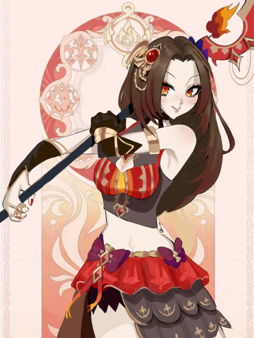 1girl alice_leah aly_doppelbvnger brown_hair dress freckles genshin_impact highres long_hair looking_at_viewer original red_dress red_eyes smile smug solo weapon weapon_on_back