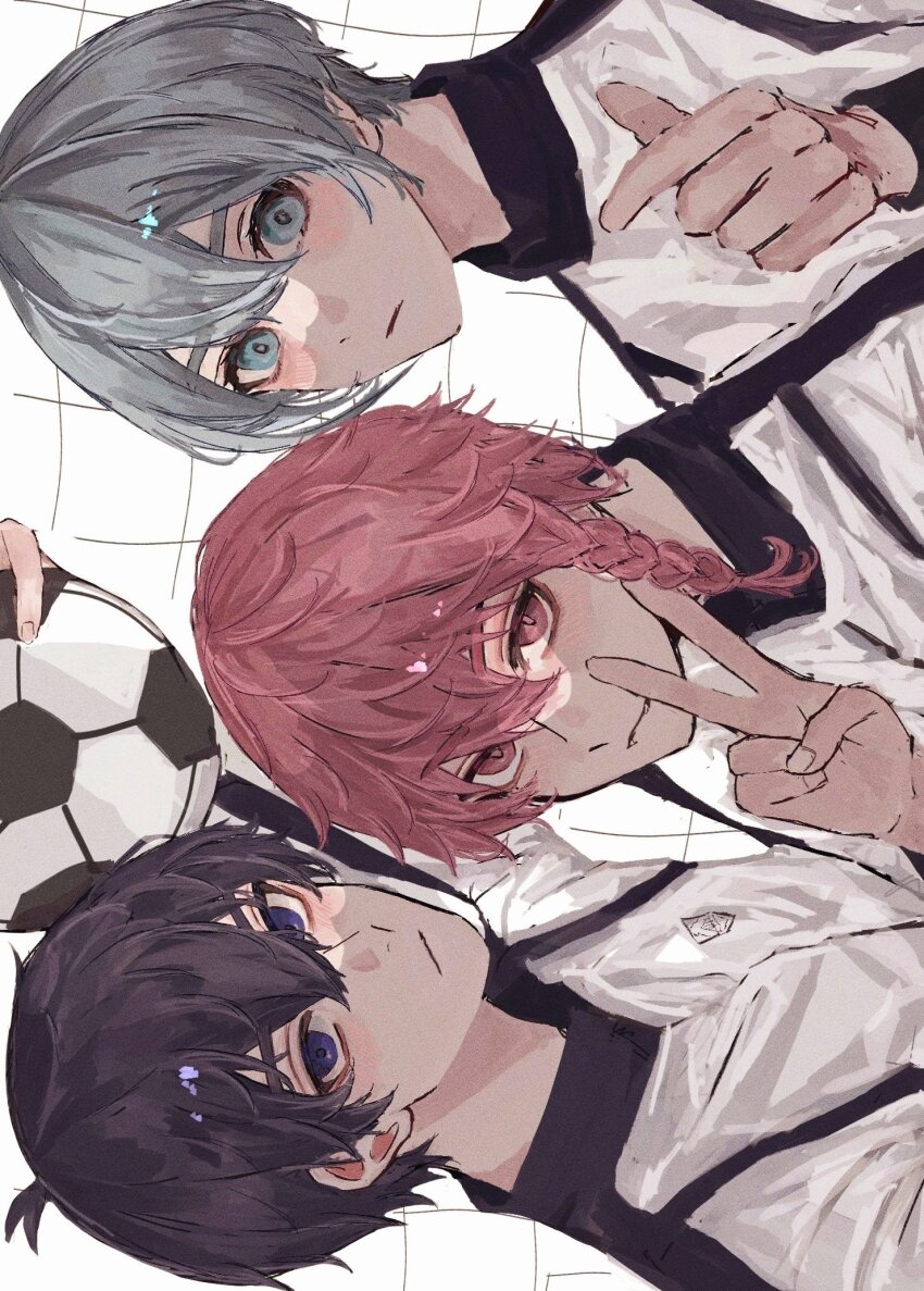 3boys ahoge arm_up ball black_hair blue_eyes blue_hair blue_lock braid closed_mouth hand_up highres holding holding_ball isagi_yoichi jacket kurona_ranze long_sleeves looking_at_viewer male_focus multiple_boys red_eyes red_hair sanadesu_9 short_hair side_braid sideways single_braid soccer_ball upper_body v white_background white_jacket you_hiori