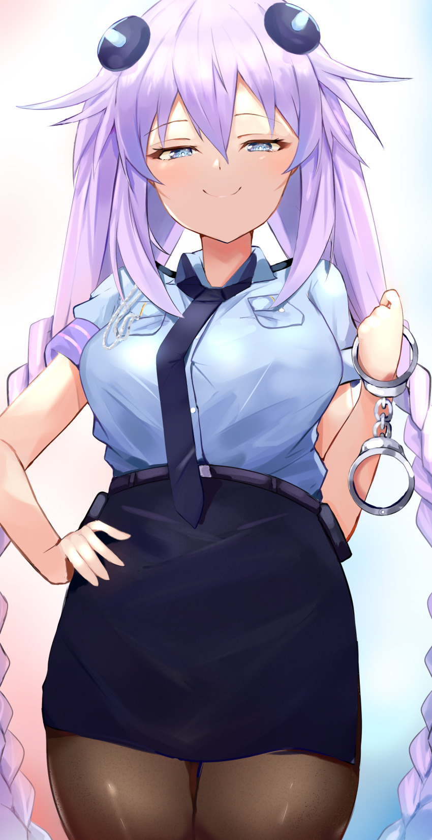 absurdres belt bimmy blue_eyes braid breasts choujigen_game_neptune collar cuffs hair_ornament hairclip handcuffs headgear highres long_hair medium_breasts neptune_(neptunia) neptune_(series) pantyhose police police_officer police_uniform policewoman power_symbol-shaped_pupils purple_hair purple_heart_(neptunia) shirt skirt smug symbol-shaped_pupils