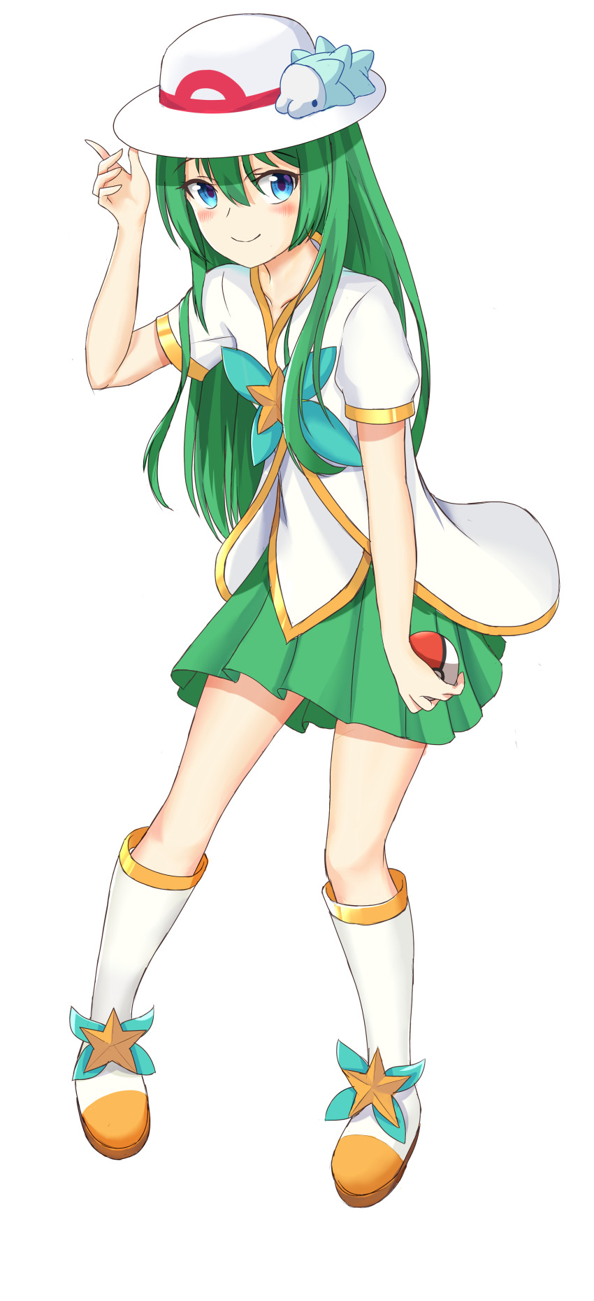 1girl absurdres adapted_costume blue_eyes creatures_(company) female_focus full_body game_freak green_hair hat highres leaf_(pokemon) long_hair looking_at_viewer lulu_(league_of_legends) nintendo pokemon pokemon_frlg simple_background solo star_guardian_(league_of_legends) star_guardian_lulu white_background white_hat yoga yoga_(pixiv29985496)