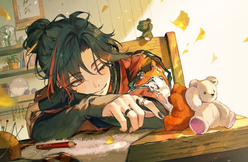 black_hair black_nails book chair colored_pencil crossed_arms dutch_angle falling_leaves hair_bun jewelry kaisei_(1st_costume)_(nijisanji) kaisei_(nijisanji) key knitting_needle leaf multicolored_clothes multicolored_hair multiple_rings needle nijisanji one_eye_closed orange_eyes orange_shirt ozaki_domino pencil plant plate potted_plant red_hair ring shelf shirt sitting sleeves_past_wrists streaked_hair stuffed_animal stuffed_toy table teddy_bear virtual_youtuber wooden_table yarn yarn_ball