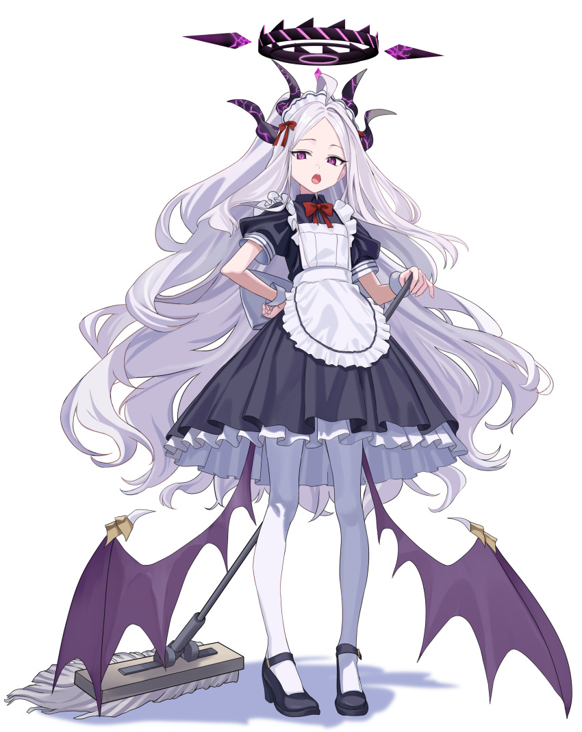 1girl absurdres alternate_costume apron black_dress black_footwear blue_archive bow demon_horns demon_wings dress enmaided frilled_apron frilled_skirt frills full_body hair_bow halo hidis0086 highres hina_(blue_archive) holding holding_mop horns long_hair maid maid_apron maid_headdress mop multiple_horns open_mouth pantyhose parted_bangs puffy_sleeves purple_eyes red_bow skirt solo white_apron white_background white_hair white_pantyhose wings