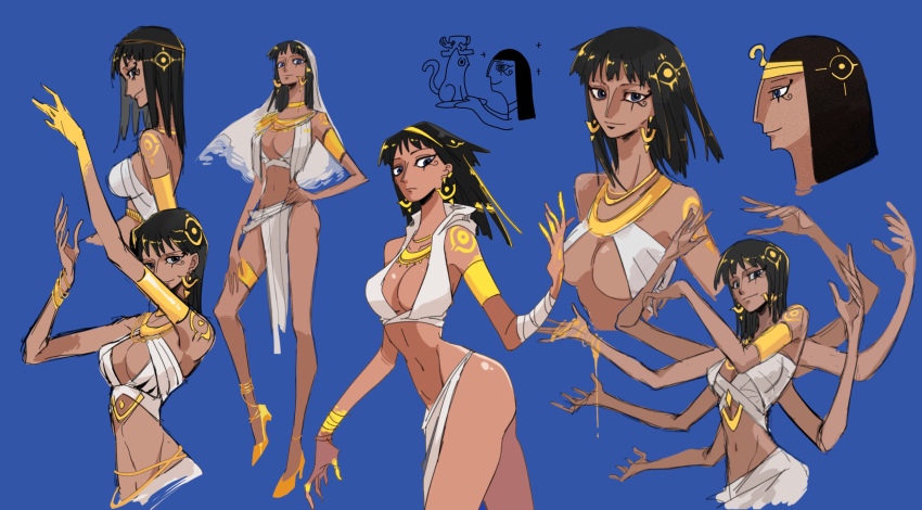 1girl absurdres alternate_costume arm_up arms_up bandaged_arm bandages black_hair blue_background blue_eyes blunt_bangs bracelet breasts circlet cleavage colored_extremities crop_top dark-skinned_female dark_skin doodle_inset earrings egyptian_art egyptian_clothes extra_arms eye_of_horus eye_tattoo from_side frown full_body gold gold_armlet gold_bracelet gold_earrings gold_hairband gold_thighlet guaguapiu hairband hana_hana_no_mi hand_on_own_hip hand_up high_heels highres hood hood_down jewelry large_breasts long_hair looking_at_viewer multiple_bracelets multiple_views navel neck_ring nico_robin one_piece parody pelvic_curtain profile shoulder_tattoo smile solo tank_top tattoo thighlet tony_tony_chopper white_hood white_tank_top white_veil yellow_footwear