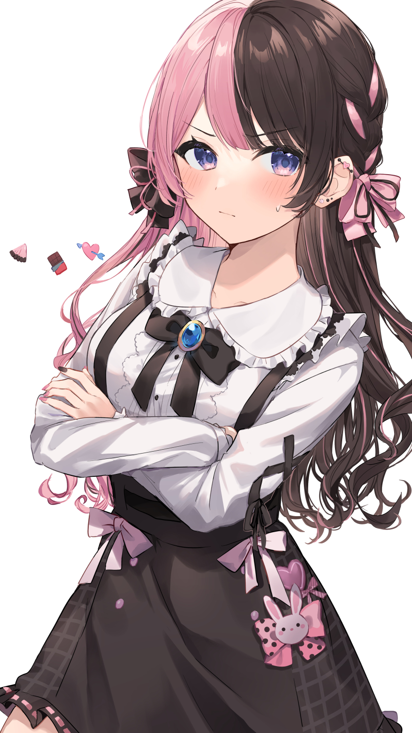 1girl absurdres apollo_chocolate black_bow black_nails black_skirt blue_eyes blush bow breasts brown_hair chocolate closed_mouth crossed_arms dress_shirt ear_piercing earrings hair_bow hair_ribbon highres iris_black_games jewelry long_hair long_sleeves looking_at_viewer medium_breasts miniskirt multicolored_hair nail_polish piercing pink_bow pink_hair pink_nails pink_ribbon ribbon shirt simple_background skirt solo split-color_hair standing suspender_skirt suspenders sweatdrop tachibana_hinano_(1st_costume) tachibana_hinano_(vtuber) two-tone_hair virtual_youtuber vspo! white_background white_shirt yuzutouhu_ika