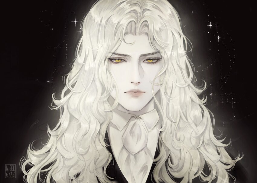 1boy alucard_(castlevania) artist_name ascot blonde_hair castlevania:_nocturne castlevania_(series) closed_mouth collared_shirt dark_background derivative_work dhampir half-human highres long_hair looking_at_viewer male_focus portrait screenshot_redraw shirt solo undead vampire white_shirt yellow_eyes