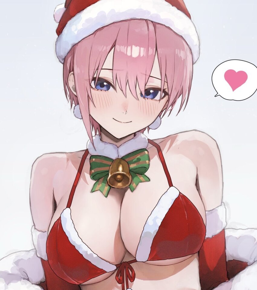 1girl bell bikini blue_eyes blush breasts christmas cleavage closed_mouth collarbone earrings front-tie_bikini_top front-tie_top go-toubun_no_hanayome hair_between_eyes hat heart highres jewelry jingle_bell large_breasts looking_at_viewer merry_christmas nakano_ichika pink_hair ribbon santa_bikini santa_bra santa_hat short_hair simple_background smile solo sooon spoken_heart swimsuit white_background