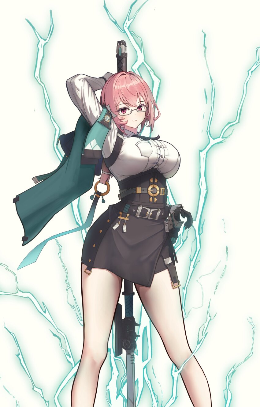 1girl absurdres black_skirt breasts collared_shirt cowboy_shot cropped electricity glasses hair_between_eyes hand_up higasino3ldk high-waist_skirt highres holding holding_polearm holding_weapon large_breasts long_hair looking_at_viewer naginata pencil_skirt pink_eyes pink_hair polearm shirt sidelocks skirt smile solo standing tsukishiro_yanagi weapon white_shirt zenless_zone_zero