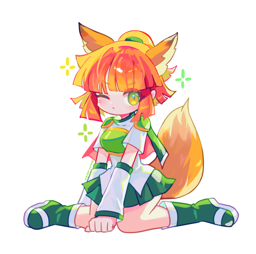 1girl :&lt; absurdres alternate_color animal_ears arle_nadja armor blunt_bangs blush boots breastplate brown_hair closed_mouth colored_lineart fox_ears fox_girl fox_tail green_eyes green_footwear green_skirt highres kemonomimi_mode looking_at_viewer offbeat one_eye_closed pleated_skirt puyopuyo short_hair short_ponytail simple_background skirt solo tail white_background