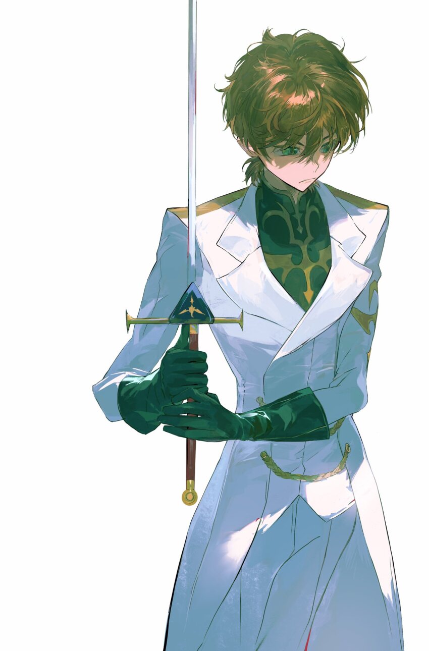 1boy black_gloves black_shirt brown_hair closed_mouth coat code_geass cowboy_shot gloves green_eyes hair_between_eyes hands_up holding holding_sword holding_weapon inair kururugi_suzaku long_sleeves looking_afar male_focus military_uniform own_hands_together pants shirt short_hair sidelocks simple_background solo standing sword two-handed weapon white_background white_coat white_pants white_theme