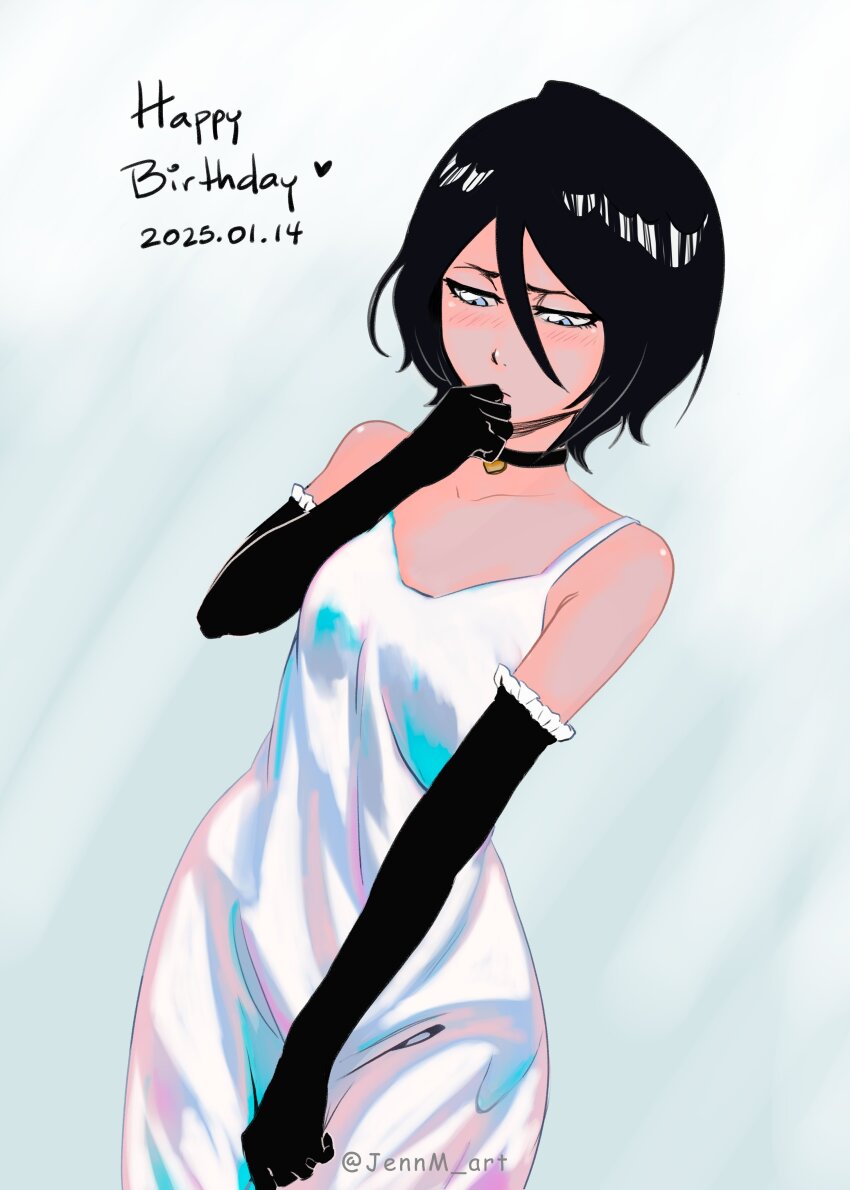 1girl absurdres artist_request black_hair bleach blush breasts choker closed_mouth dress elbow_gloves gloves hair_between_eyes highres jennm_art kuchiki_rukia looking_at_viewer purple_eyes short_hair simple_background small_breasts solo