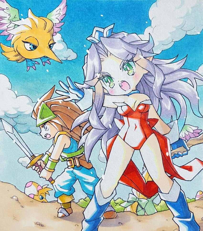 1boy 2girls angela_(seiken_densetsu_3) bare_shoulders battle belt blonde_hair blue_eyes blue_footwear blue_gloves blue_hat blue_pants blue_shirt boots bow bracer breasts brown_belt brown_hair cleavage cloud cloudy_sky covered_navel creature duran_(seiken_densetsu_3) fighting_stance full_body furrowed_brow gloves green_bow green_eyes hair_bow hat helmet highres holding holding_staff holding_sword holding_weapon leotard long_hair medium_breasts motoko_(taom) multiple_girls open_mouth outstretched_hand pants parted_bangs pointy_ears red_leotard riesz seiken_densetsu seiken_densetsu_3 shirt sidelocks sky staff strapless strapless_leotard sword traditional_media wavy_hair weapon winged_helmet