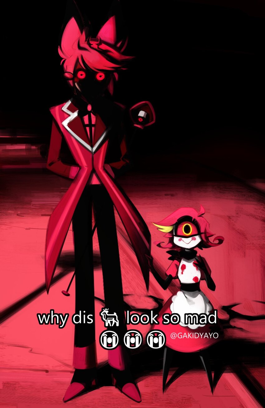 1boy 1girl alastor_(hazbin_hotel) arms_behind_back cane colored_sclera derivative_work dress english_text formal_clothes glaring hazbin_hotel height_difference highres holding holding_cane kidya_pipopi looking_at_viewer meme niffty_(hazbin_hotel) night one-eyed outdoors red_eyes red_sclera red_theme short_hair smile suit why_dis_ninja_look_so_mad_(meme) yellow_eyes