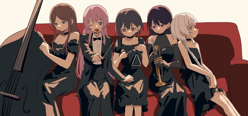 5girls absurdres bang_dream! bang_dream!_it&#039;s_mygo!!!!! bass_guitar black_bow black_bowtie black_choker black_coat black_dress black_gloves black_pants blue_eyes blush bow bowtie breasts brown_eyes brown_hair chihaya_anon choker cleavage closed_mouth coat coldcat. collared_shirt commission couch covered_collarbone dress dress_shirt earrings elbow_gloves fang flute frilled_dress frills gloves grey_eyes grey_hair highres holding holding_instrument instrument jewelry kaname_raana leaning_on_person long_hair long_sleeves mole mole_under_eye multiple_girls mygo!!!!!_(bang_dream!) nagasaki_soyo off-shoulder_dress off_shoulder one_eye_closed open_clothes open_coat pants parted_bangs pink_hair purple_eyes second-party_source see-through_clothes see-through_cleavage shiina_taki shirt short_hair short_sleeves sidelocks sitting takamatsu_tomori triangle_(instrument) trumpet white_hair white_shirt yellow_eyes