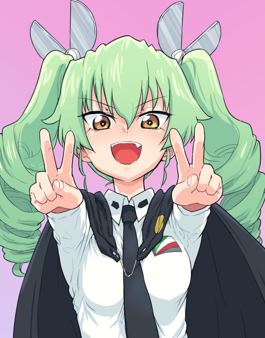 1girl anchovy_(girls_und_panzer) anzio_school_uniform blush breasts brown_eyes cape double_v drill_hair girls_und_panzer green_hair highres long_hair looking_at_viewer medium_breasts monolith_(suibou_souko) open_mouth pink_background school_uniform scissors simple_background smile solo twin_drills upper_body v