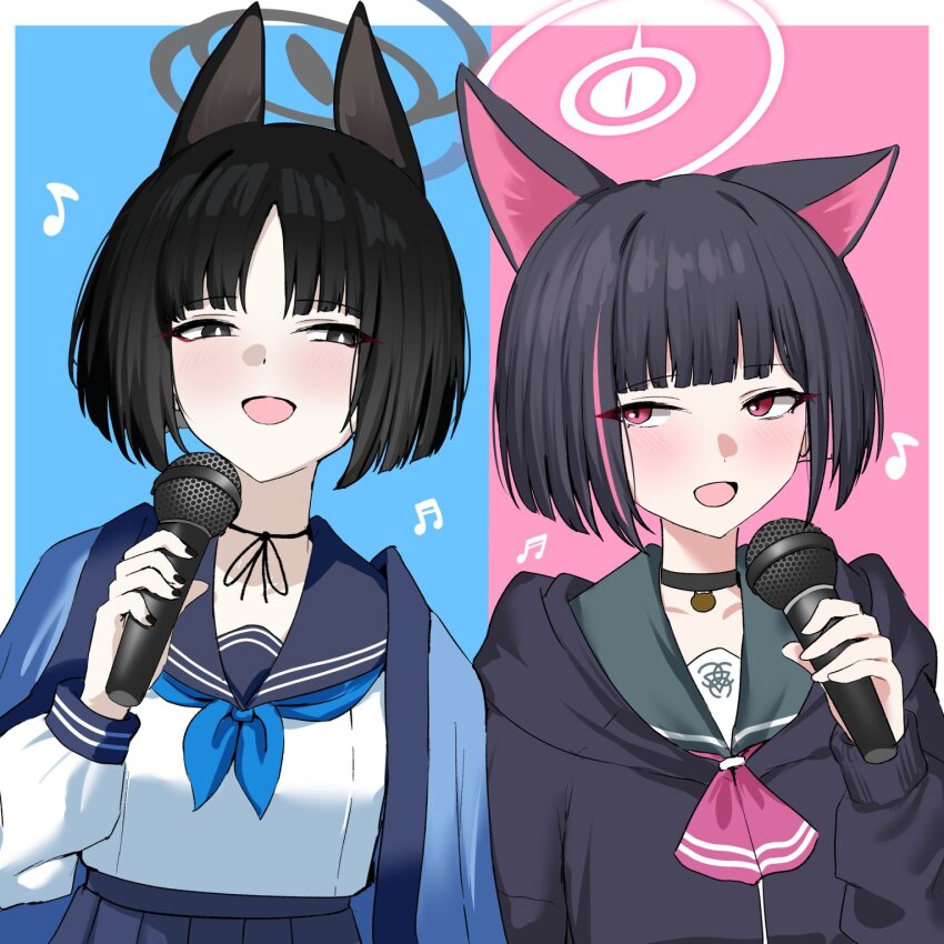 2girls :d animal_ears black_choker black_hair black_jacket blue_archive blue_background blue_haori blue_neckerchief blue_sailor_collar blue_skirt blush border cat_ears cat_girl choker colored_inner_hair commentary_request eighth_note extra_ears green_sailor_collar grey_eyes grey_halo halo hand_up haori high-waist_skirt highres holding holding_microphone hood hood_down hooded_jacket jacket japanese_clothes kazusa_(blue_archive) kikyou_(blue_archive) looking_at_another microphone multicolored_hair multiple_girls music musical_note neckerchief nichijo open_mouth pink_background pink_eyes pink_hair pink_halo pink_neckerchief pleated_skirt sailor_collar shirt short_hair simple_background singing skirt smile upper_body white_border white_shirt