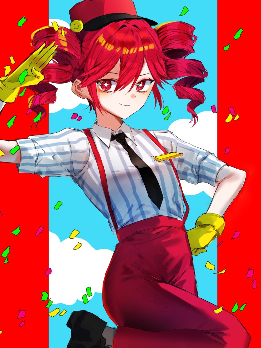 1girl black_footwear black_necktie collared_shirt confetti drill_hair gloves hair_between_eyes hand_up hat highres kasane_teto kasane_teto_(sv) leg_up long_hair looking_at_viewer necktie pants red_eyes red_hair red_hat red_pants s5ju shirt shoes short_sleeves smile solo sparkling_eyes striped_clothes striped_shirt synthesizer_v twin_drills utau yellow_gloves